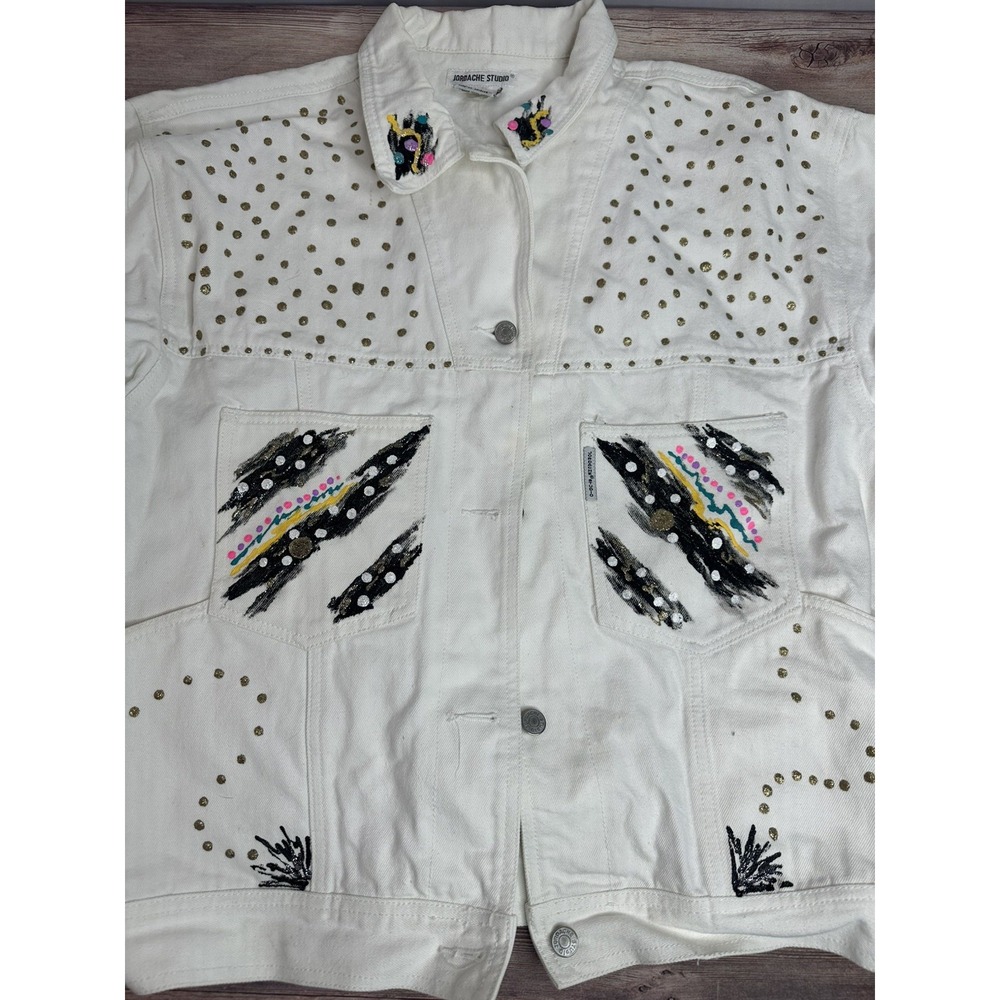 Vintage Jordache Studio 80s Painted White Denim Jacket‎ Size L - Picture 2 of 13